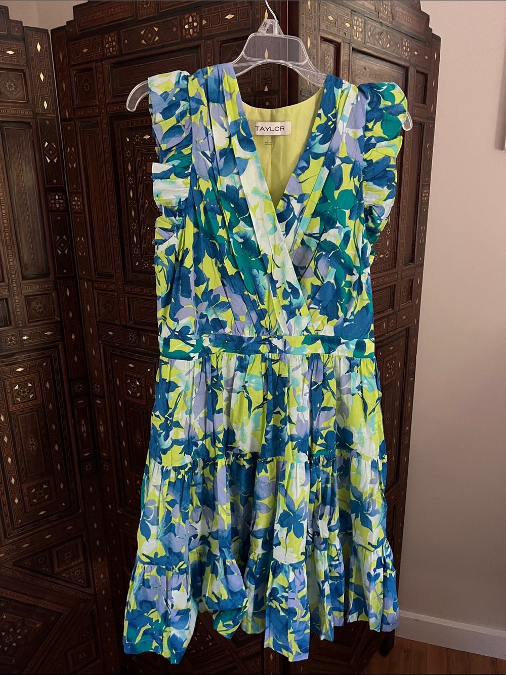 Taylor Women’s Floral V-Neck Dress in Blue & Lime